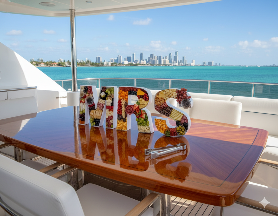 MRS letter charcuterie board displayed on a yacht in Miami