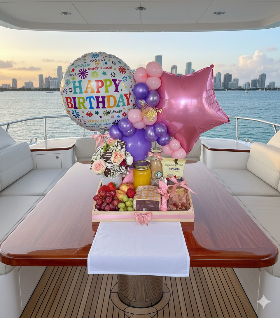 Charcuterie board and balloons displayed on a yacht in Miami