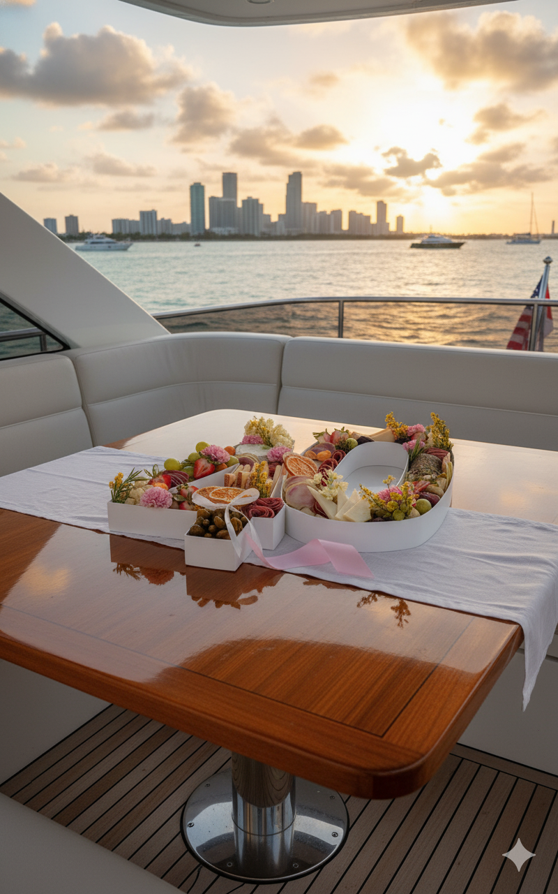 Charcuterie board displayed on a yacht in Miami