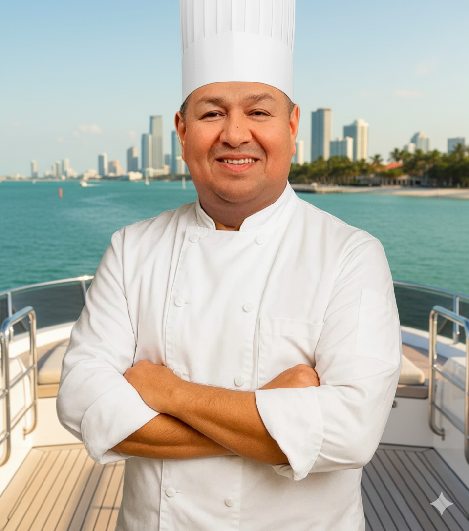 Chef Pino, Miami yacht private chef, in the galley plating a course