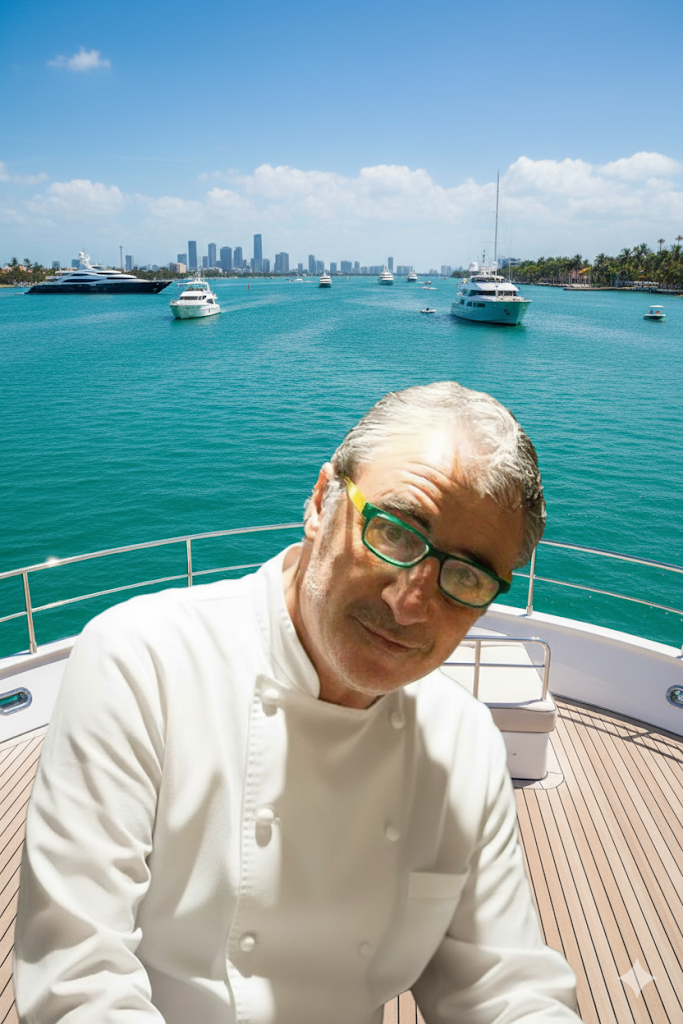 Chef Abel, Miami yacht private chef, presenting a plated entrée onboard