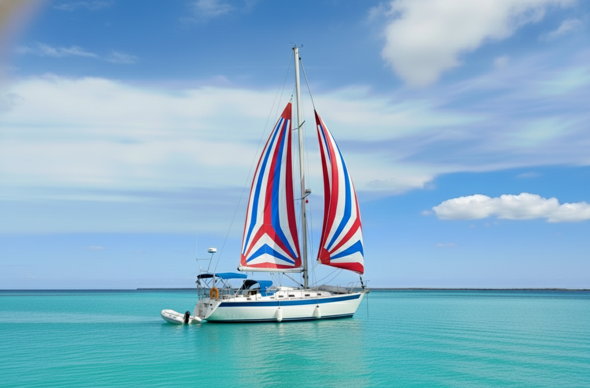 Sailboat at anchor in clear turquoise water with snorkelers
