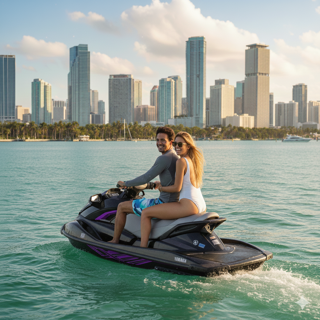 Jet ski rentals in Miami with riders on Biscayne Bay