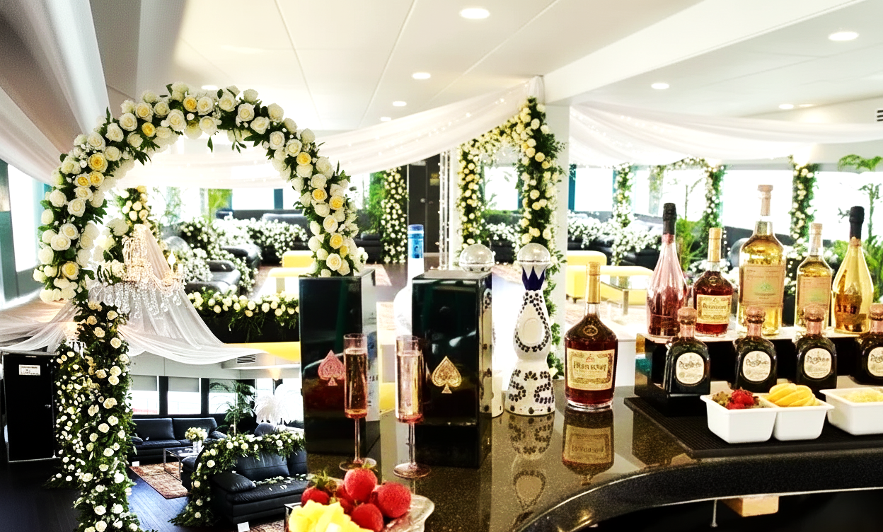 Bar and lounge view inside Opus Miami yacht rental