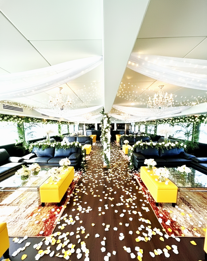 Wedding decor setup inside Opus Miami yacht rental