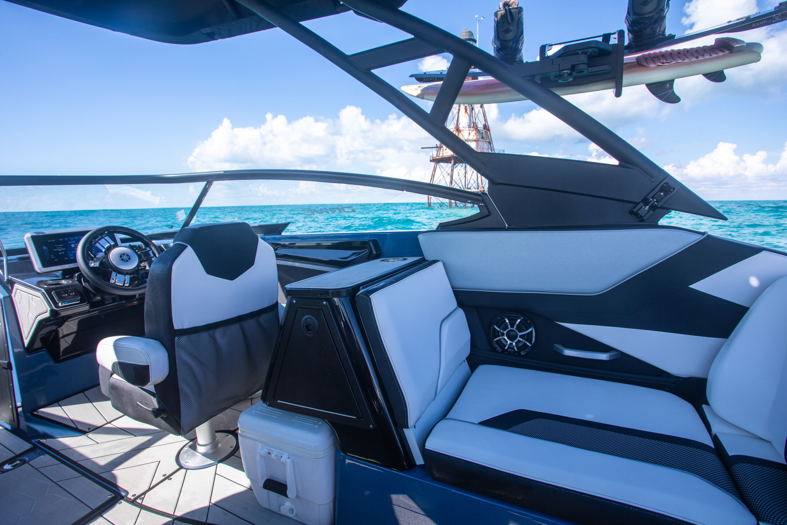 Interior of Miami wakeboard boat with seating and gear storage