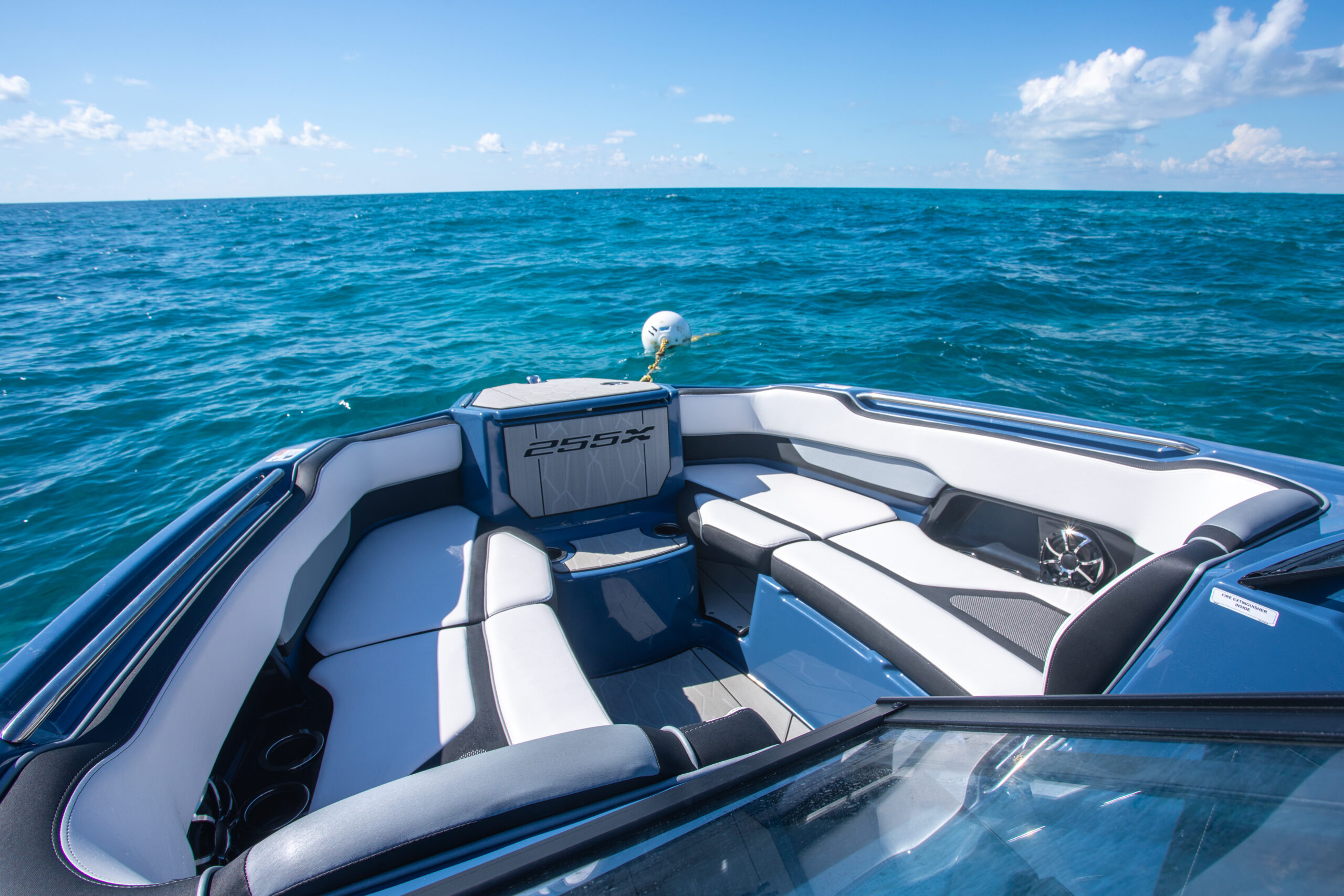 Wakeboard boat interior in Miami with lounge-style seating ready for riders