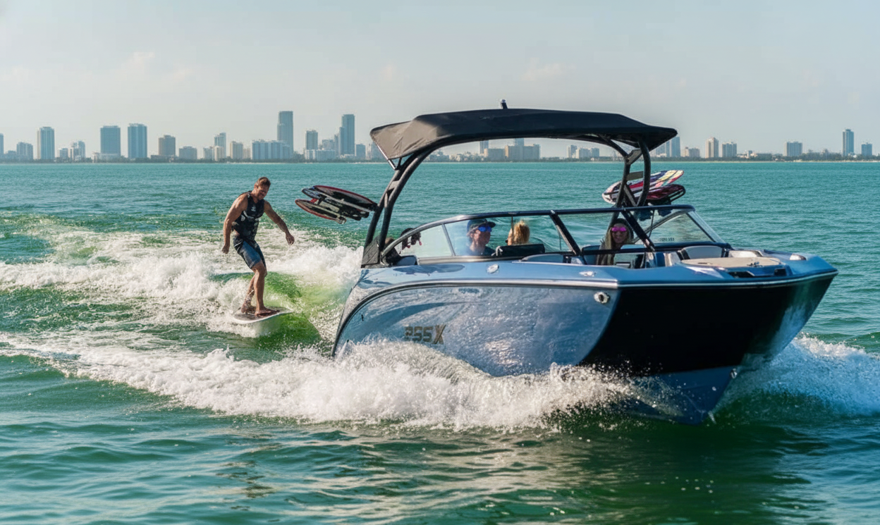 Miami wakeboarding rental boat underway with bright city skyline