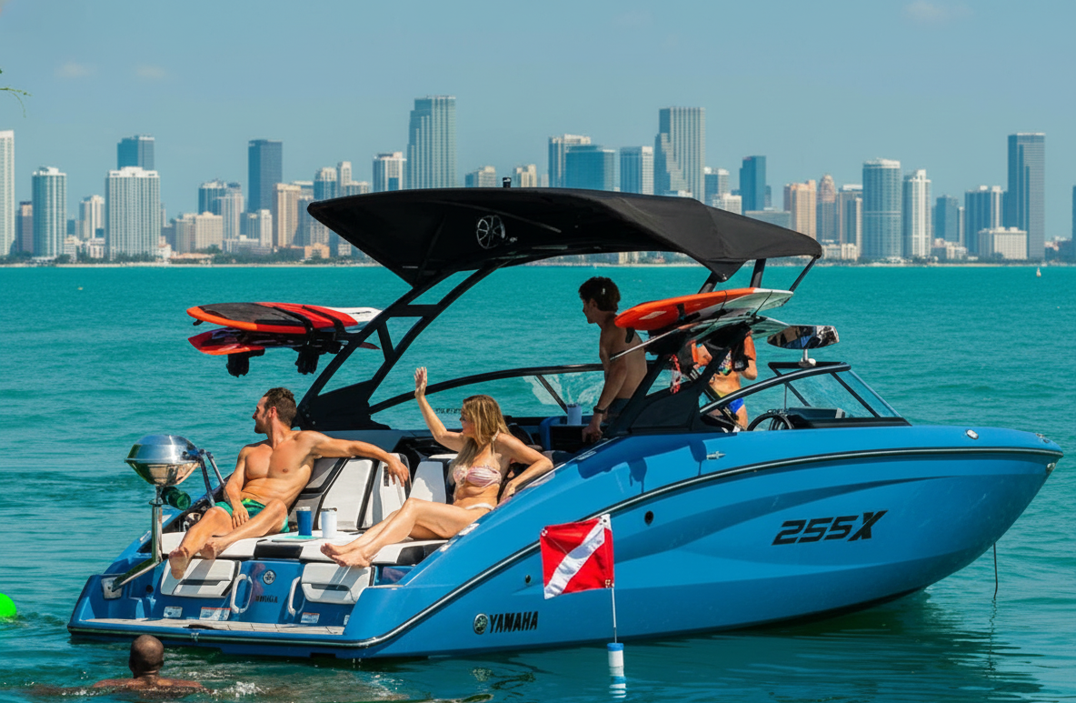 Wakeboarding in Miami on a 25ft Yamaha 255XD wake boat with Feeling Yachty