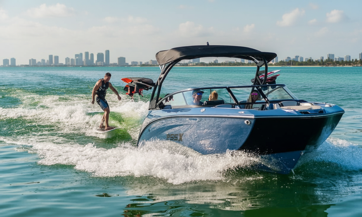 Group enjoying Miami wakeboarding rental with boat, boards, and bay views